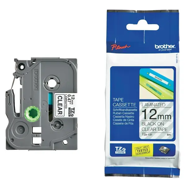 FITAS BROTHER TZe131 - 8mX12mm BLACK ON CLEAR TAPE