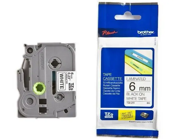 FITAS BROTHER TZe211 - 6mmX8m BRANCO PRETO