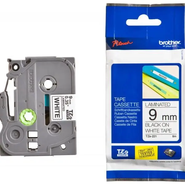 FITAS BROTHER TZe221 - 9mmX8m BLACK ON WHITE TAPE