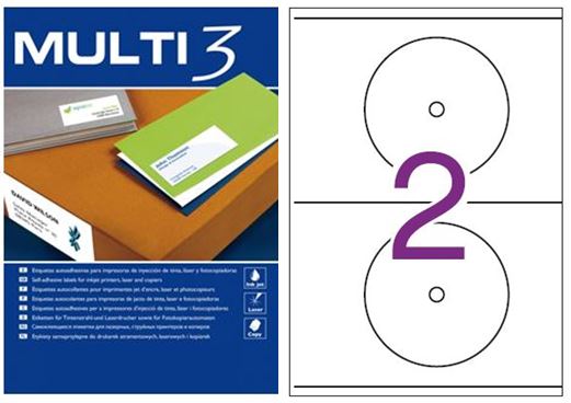 ETIQUETAS MULTI3 P/CD 117mm REF.10816 CX100 FL A4 / 200 ETQ.